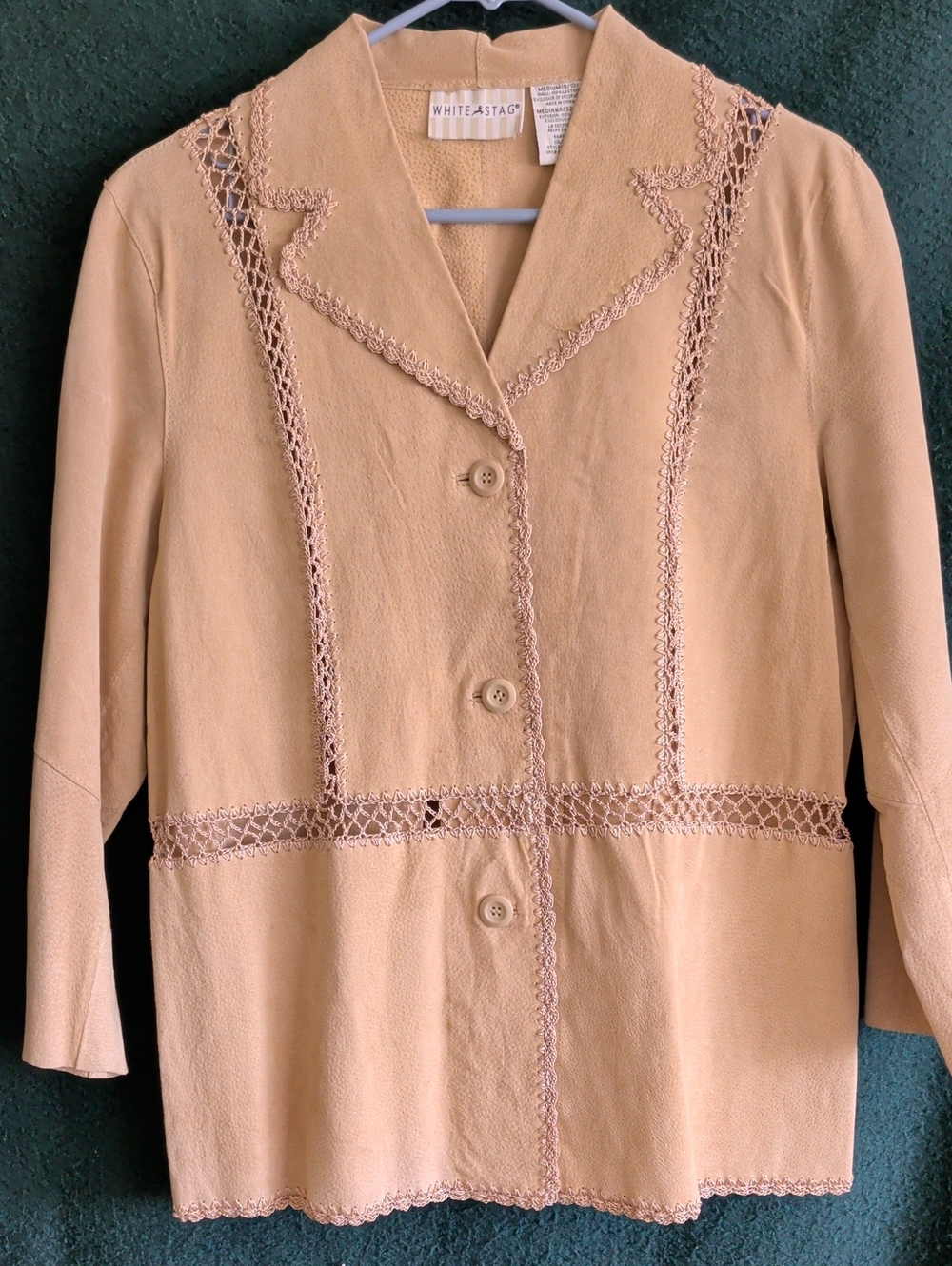 Vintage White Stag Light Beige Crochet-Trim 100% Leather Blazer